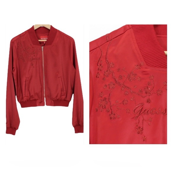 GUESS Cropped Bomber Cherry Blossoms Red Spring Fall Jacket Lightweight Large L - Picture 1 of 11